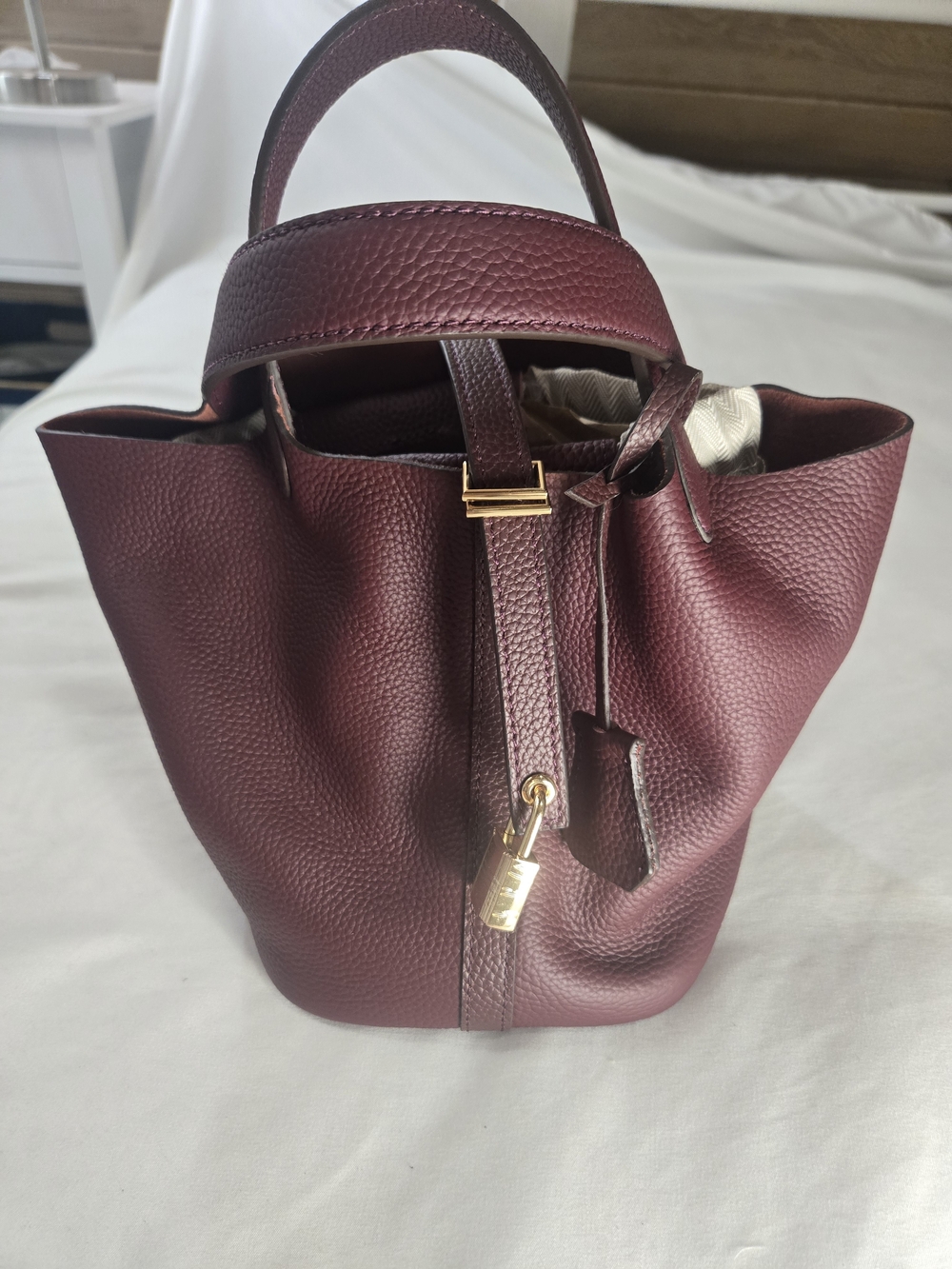 Plum Leather Bucket Bag with Gold Hardware